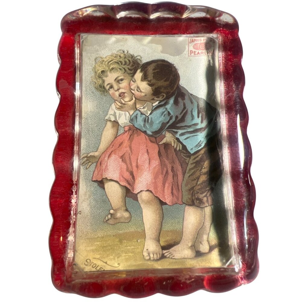 Antique Victorian James Pearsall Advertising‎ Paperweight Clear Glass Red Felt